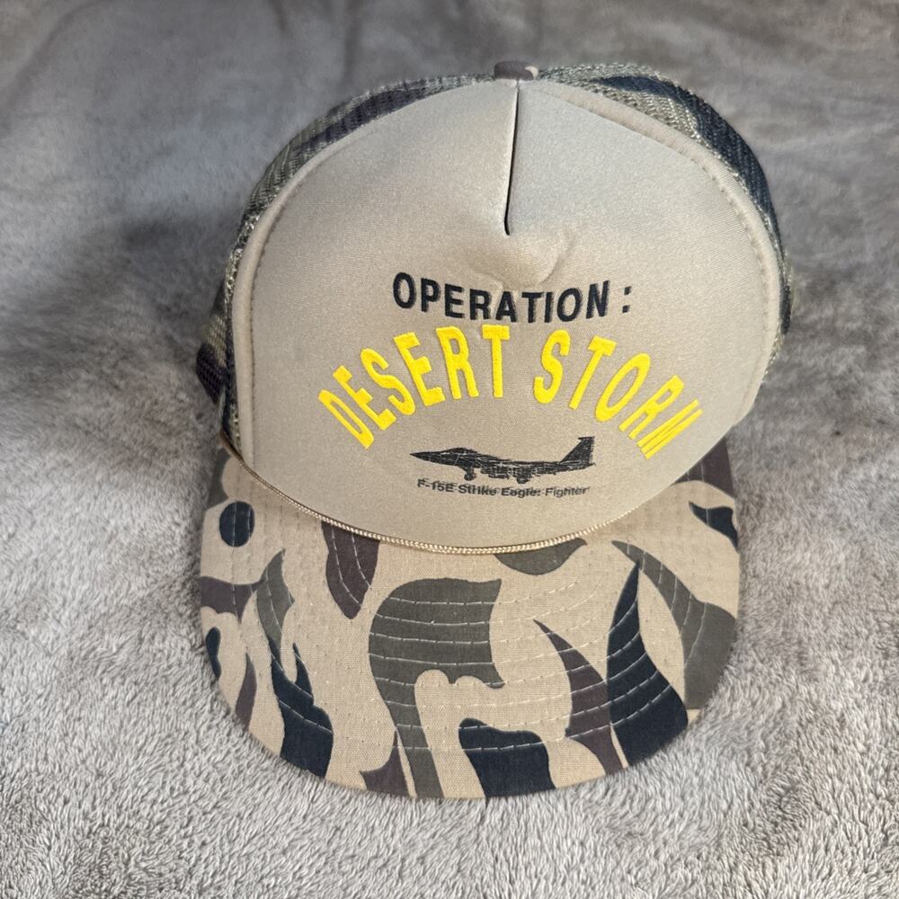 Vintage Operation Desert Storm Trucker Hat Cap Camo Snapback OSFA 1991